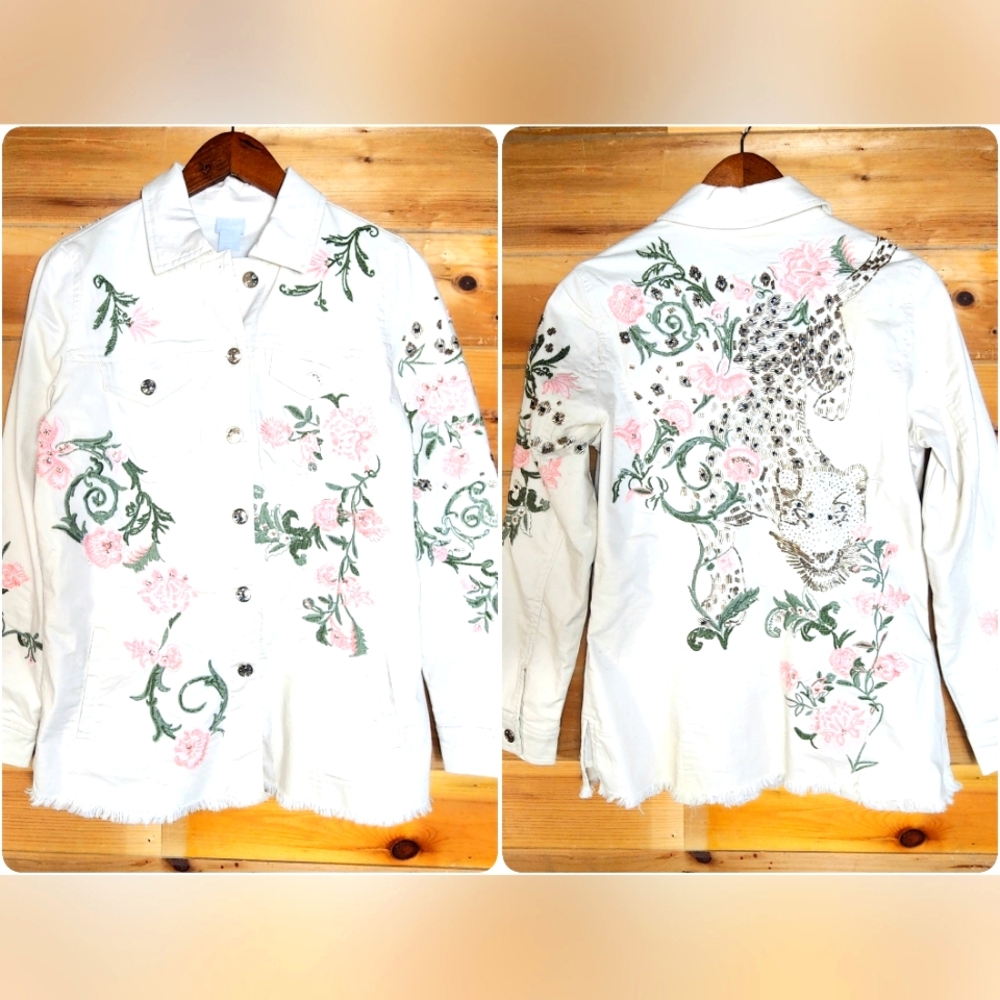 Chicos Embroidered Beaded Denim Jacket Womens 4-6 Floral Leopard Fray Hem 4 Pkt